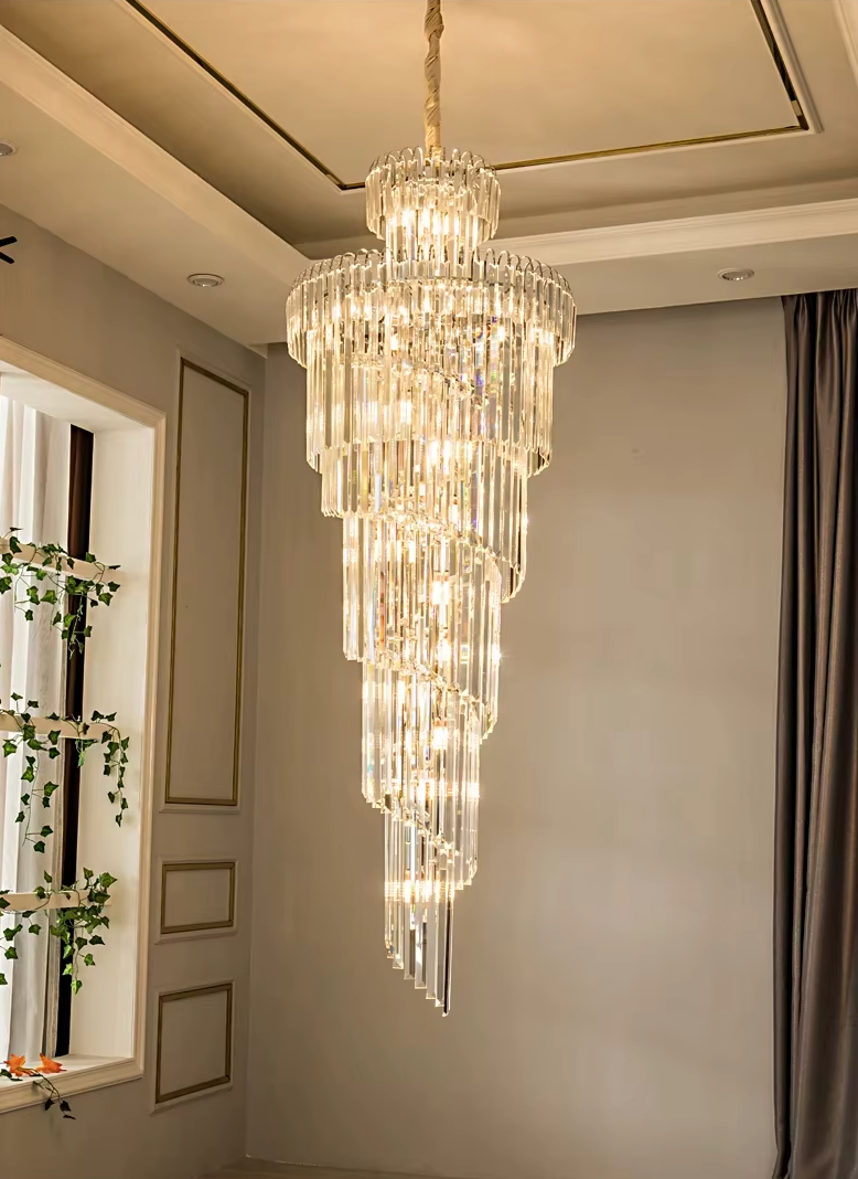 long chrome crystal staircase chandelier