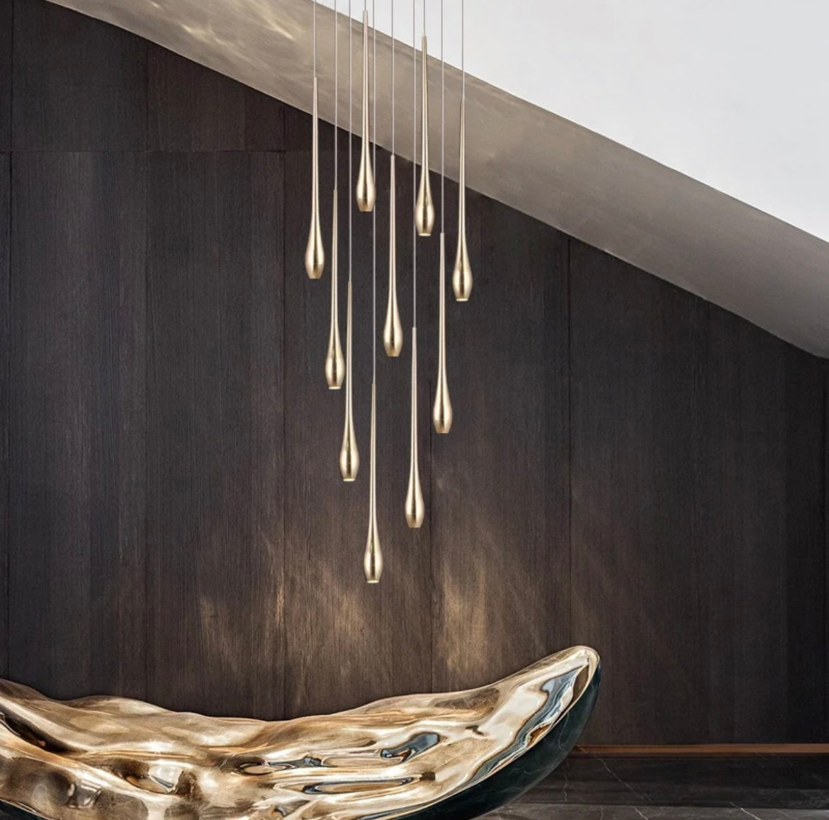 Minimal Gold Duplex LED Staircase Chandelier