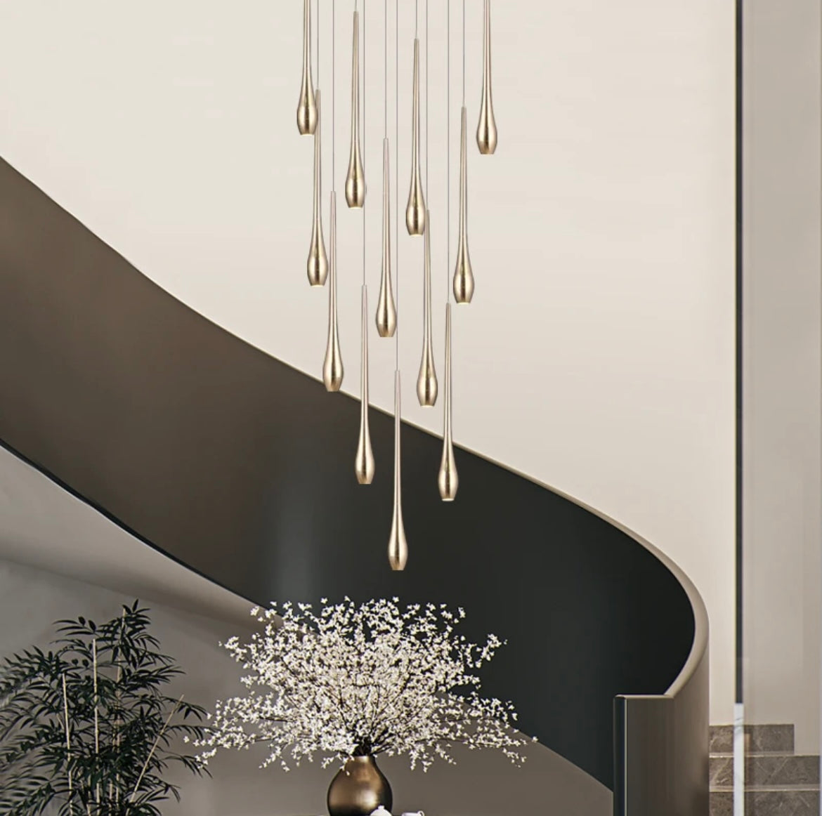 Minimal Gold Duplex LED Staircase Chandelier