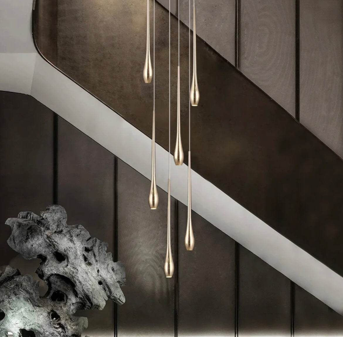 Minimal Gold Duplex LED Staircase Chandelier
