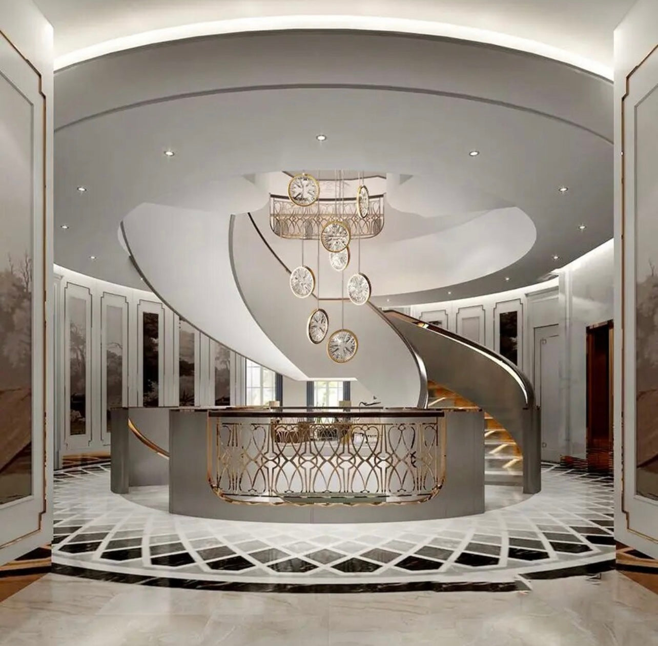 Hanging feature Circular Crystal Staircase Chandelier