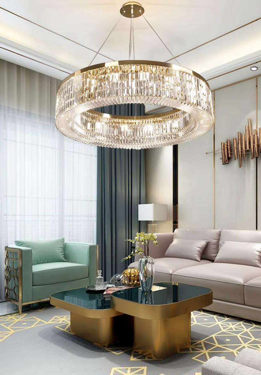 crystal circular chandelier in living room