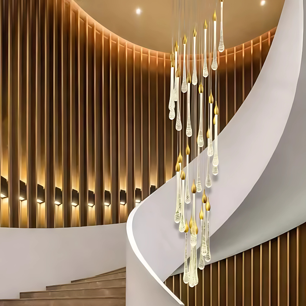 Modern staircase with decorative lighting fixture in a stylish interior setting.
