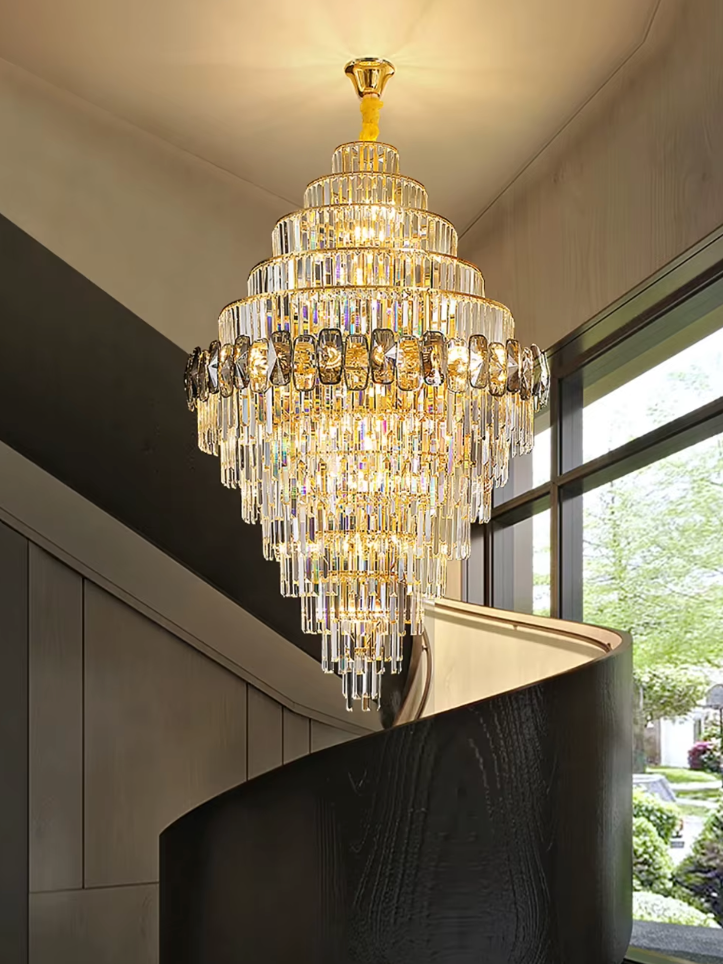 Clear and Smoke Grey Crystal Staircase Chandelier