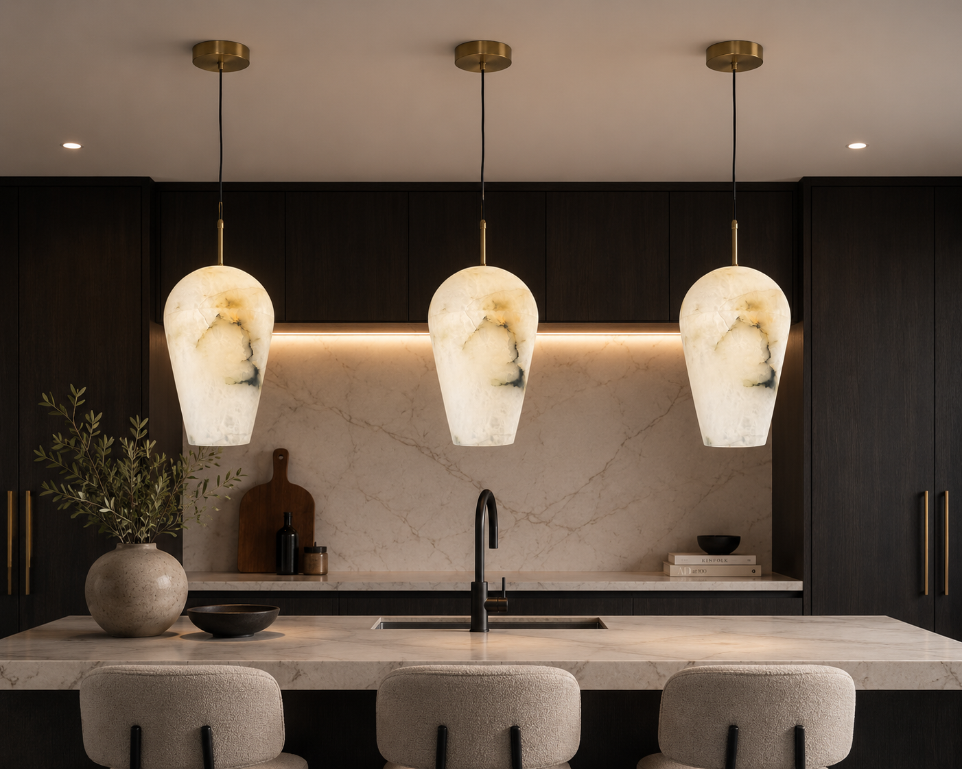 Opaline Marble Dome Pendant Light with natural marble shade and brass ceiling plate