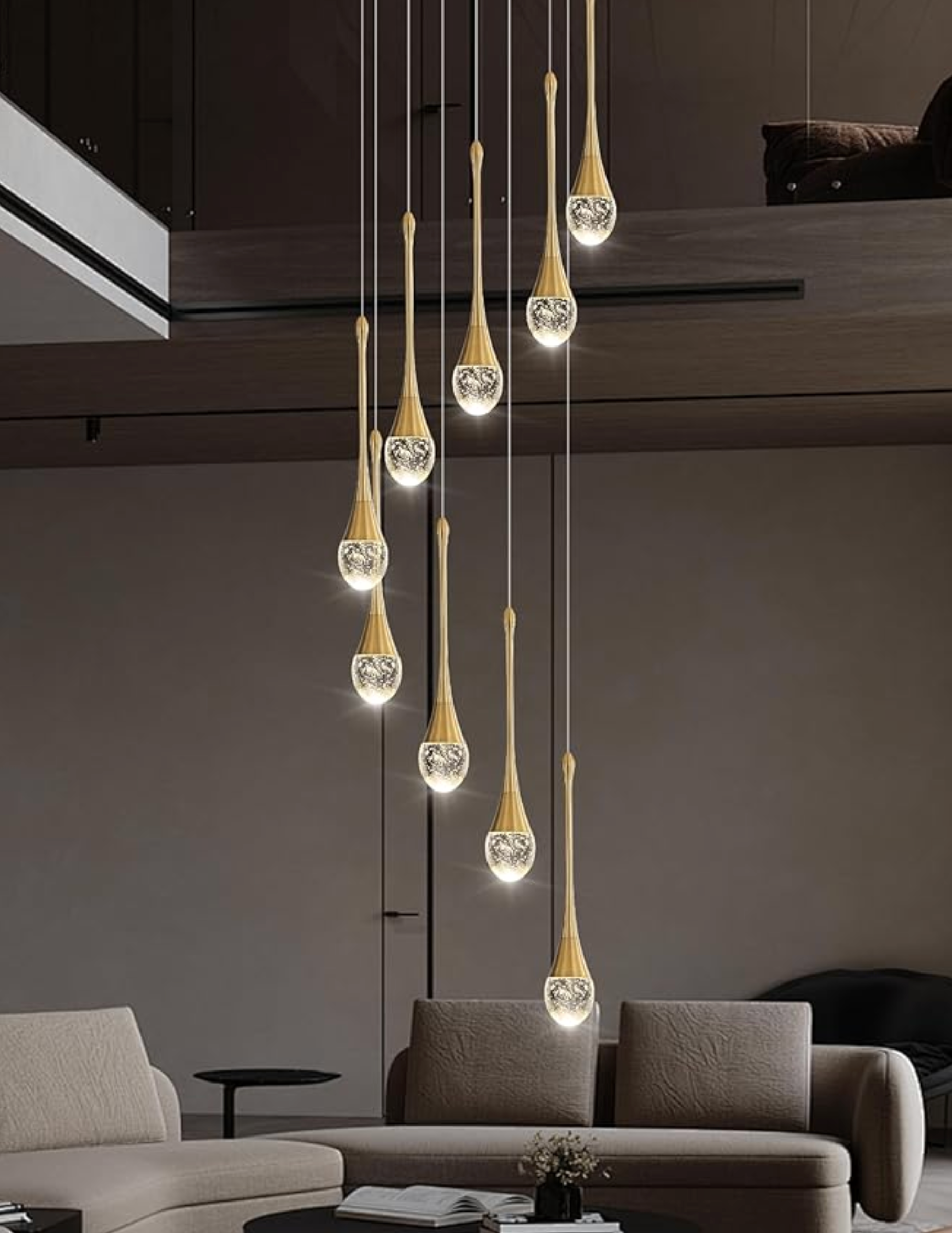Modern crystal chandelier featuring water drop accents and spiral design