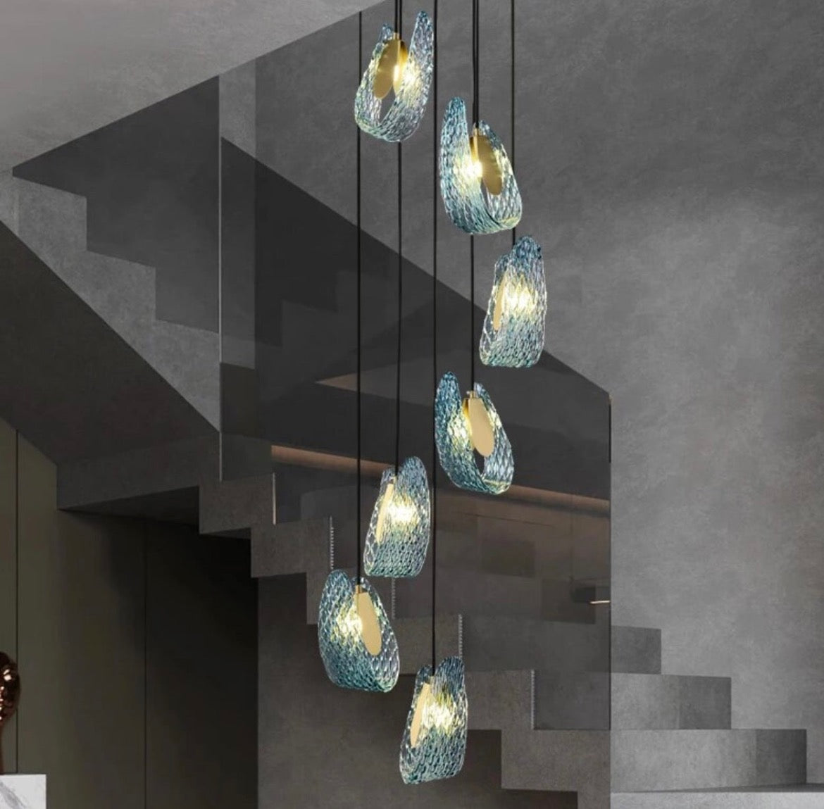 hanging staircase chandelier in blue