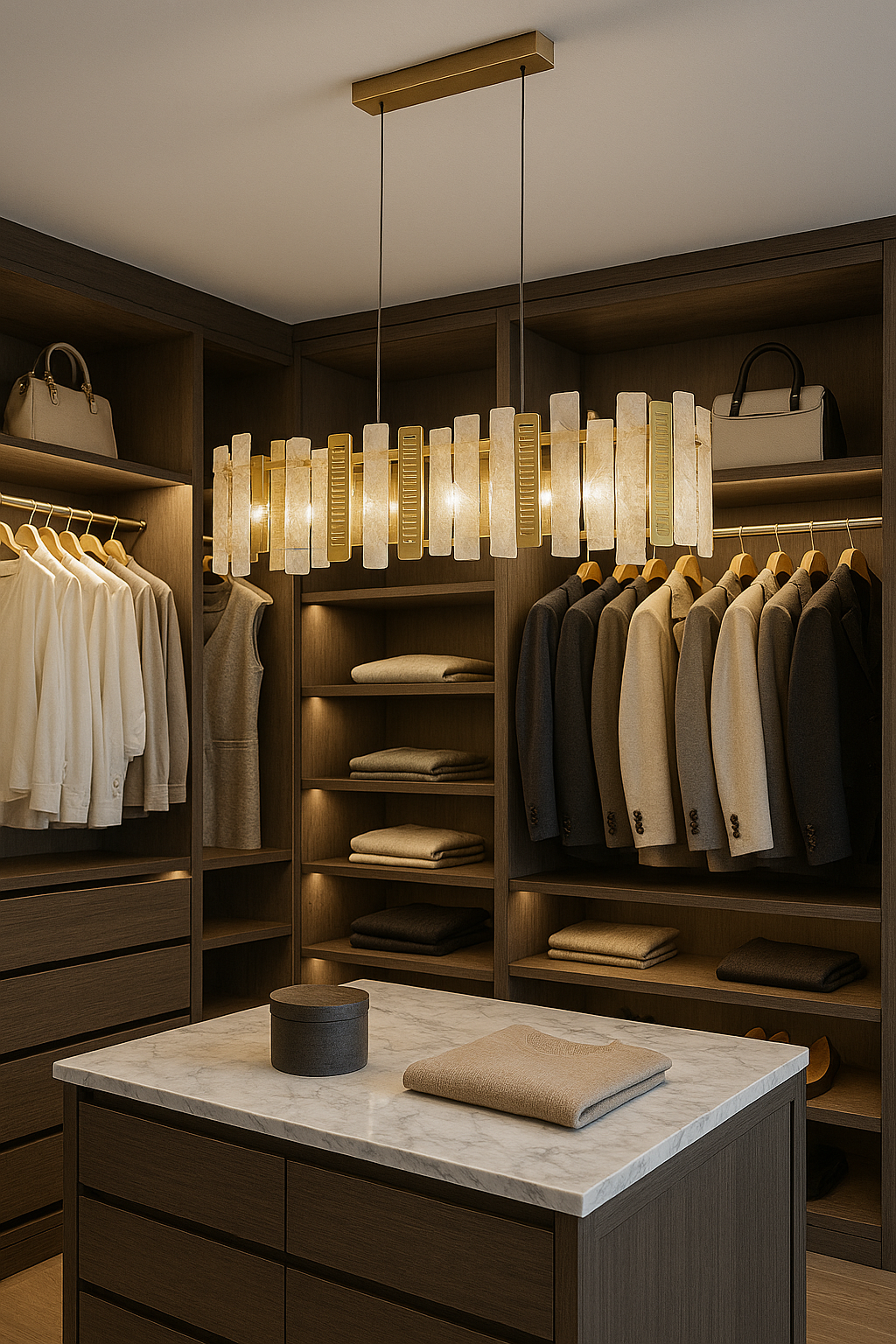 rectangular chandelier with gold and frosted glass panels in a luxury walk-in dressing room.
