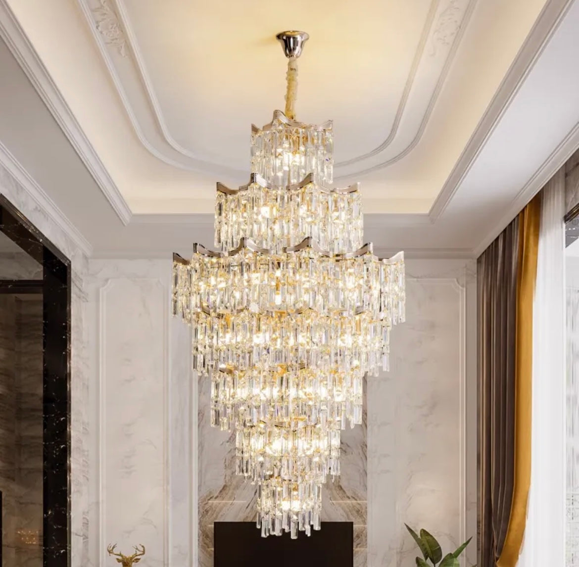 gold staircase chandelier with 7 tiers