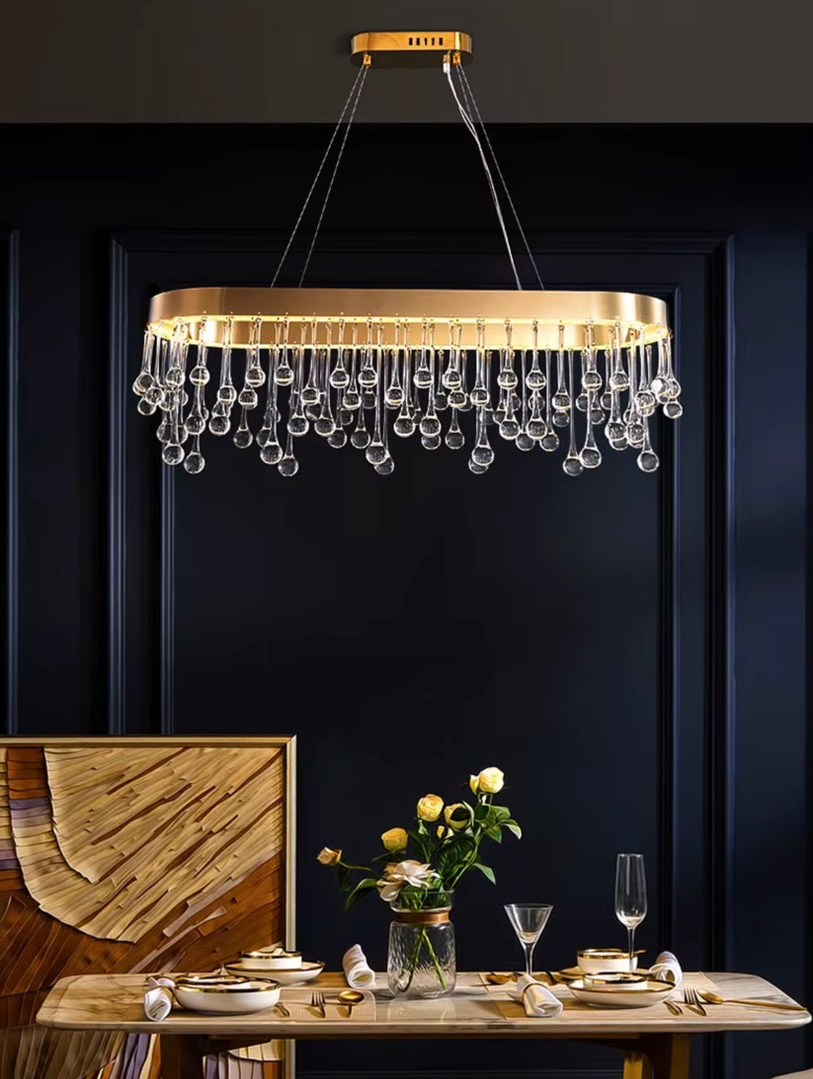 chandelier rectangle with gold band and water drops