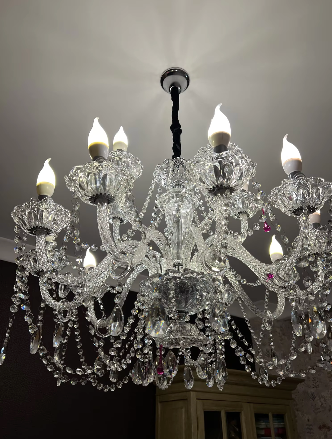 chrome contemporary chandelier with beads and black cord