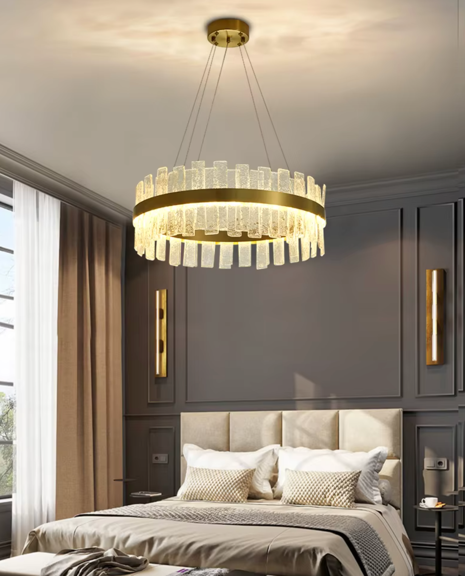modern circular gold chandelier with glass panels