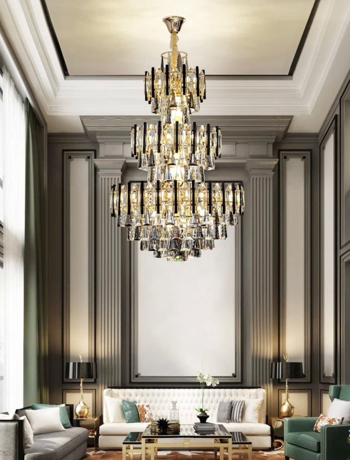 Contemporary hollow crystal chandelier adorning a stylish dining area
