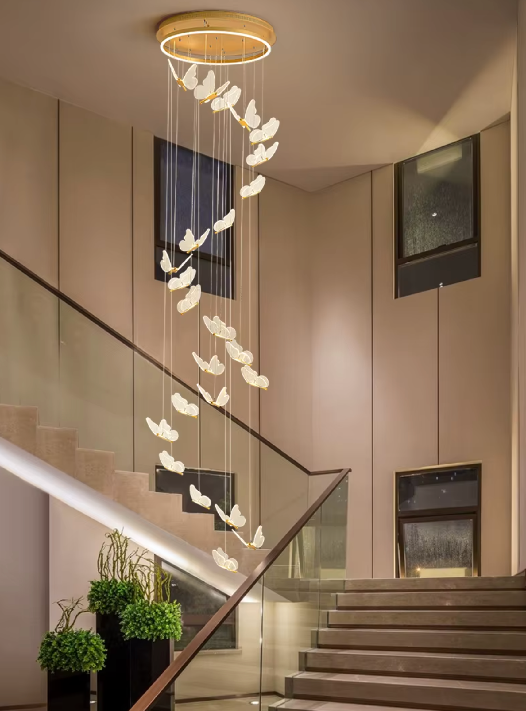 Long decorative butterfly chandelier light for staircases