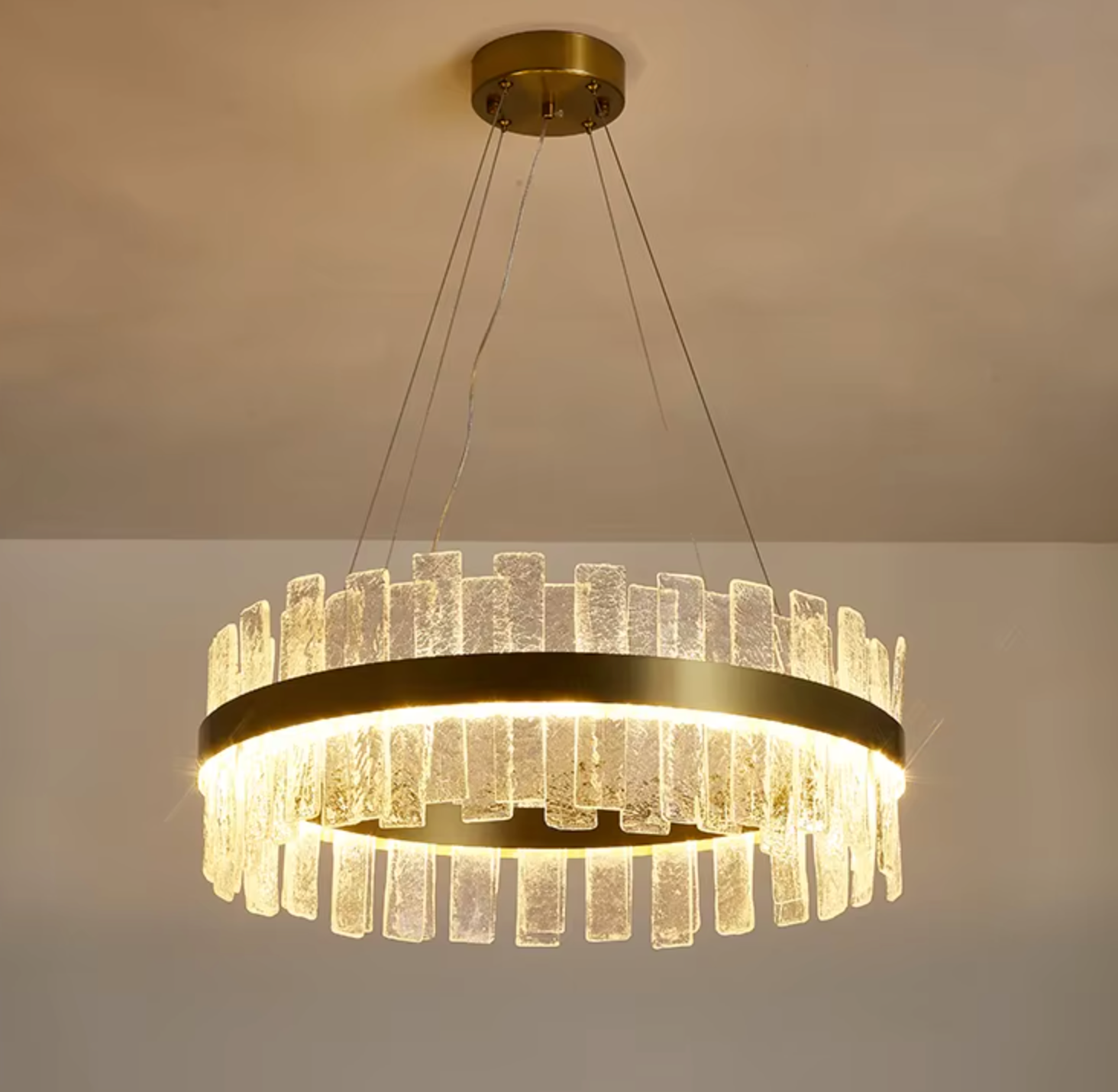 LED chandelier with glass and gold frame