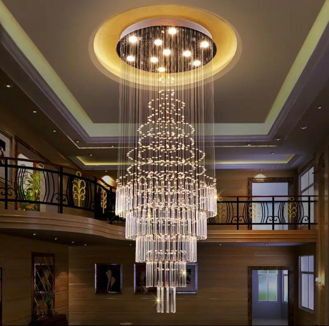 LED-compatible crystal chandelier perfect for high ceilings