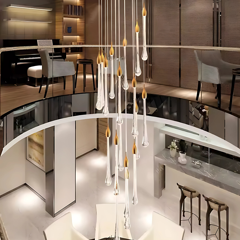 Modern interior design with a chandelier, bar area, and large spaces