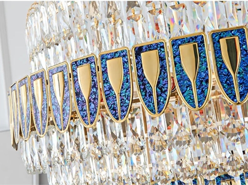 Close-up of luxury Blue Infused Villa Chandelier showcasing blue and clear glass details