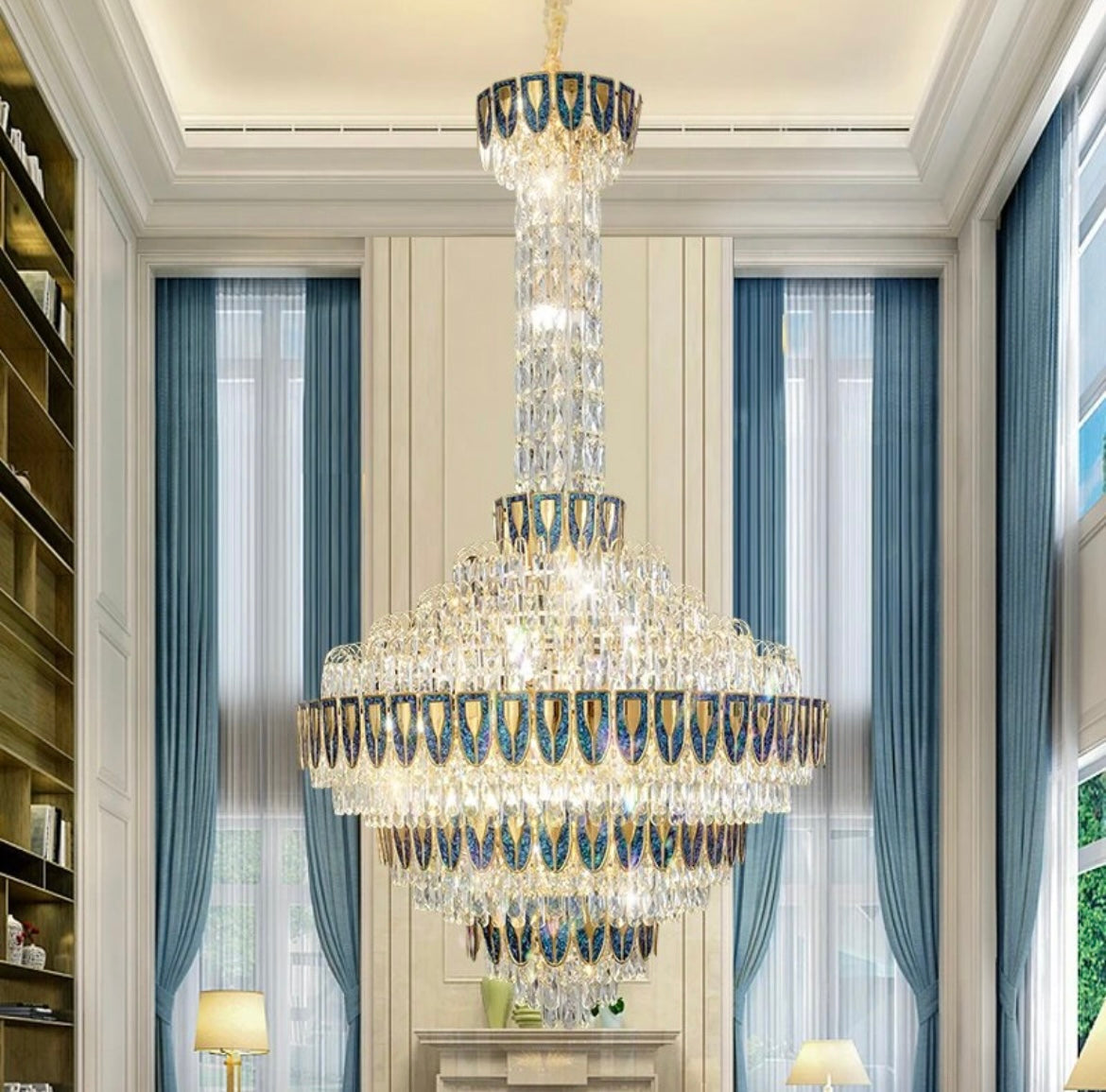 Modern blue-infused long chandelier