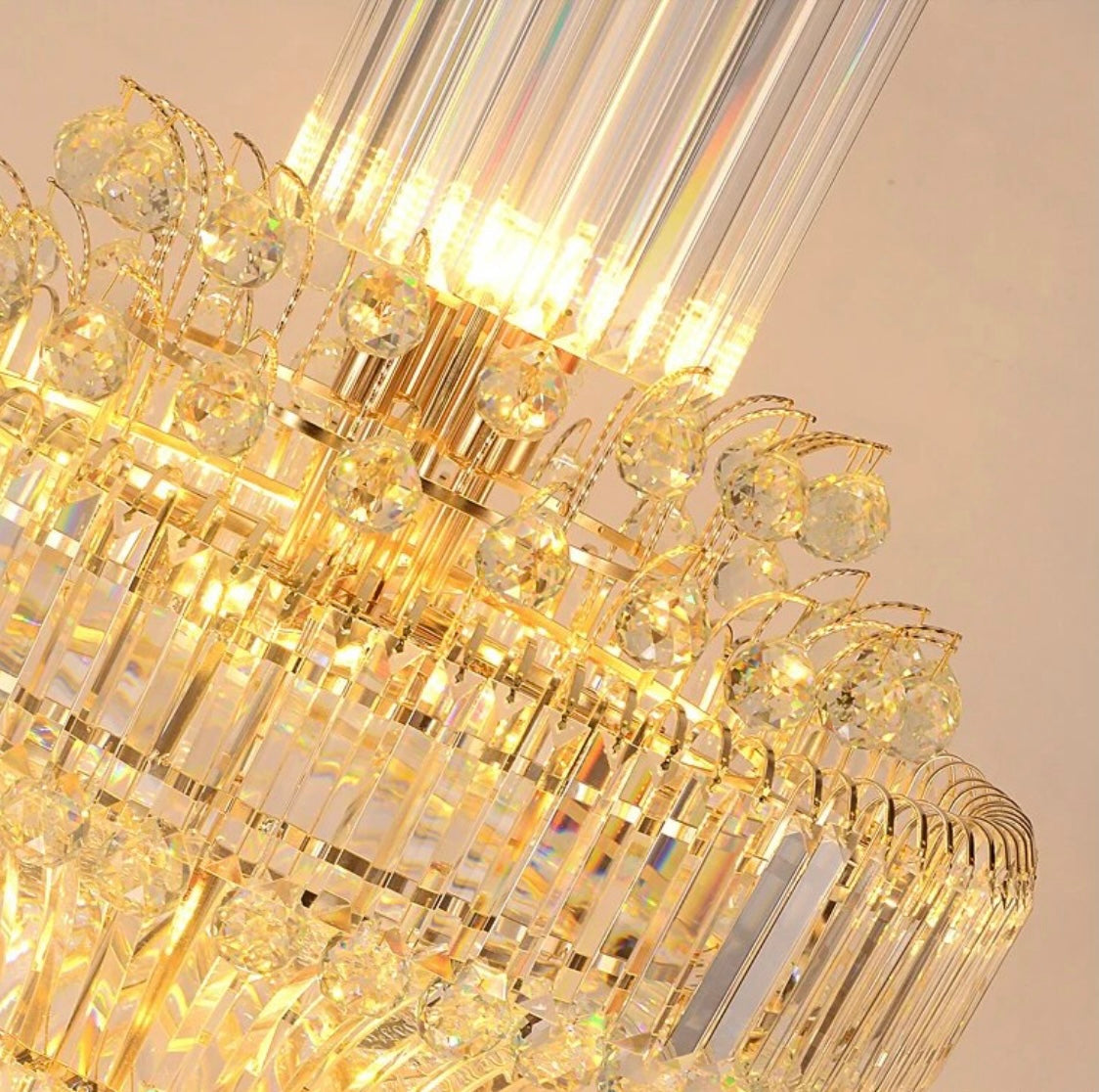 Modern crystal chandelier installed in a stylish hallway