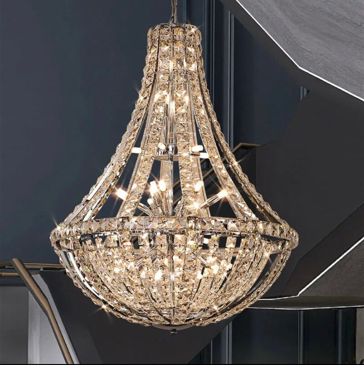 Modern crystal pendant chandelier with a rhombus design in hallway
