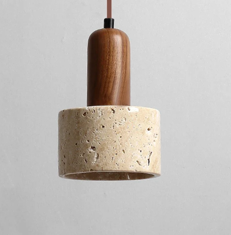 pendant light featuring a natural travertine stone shade and wooden detailing