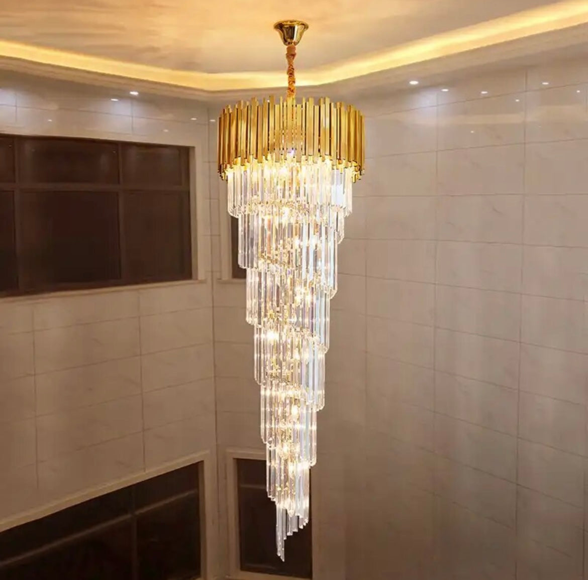 gold & crystal spiral chandelier for hallway