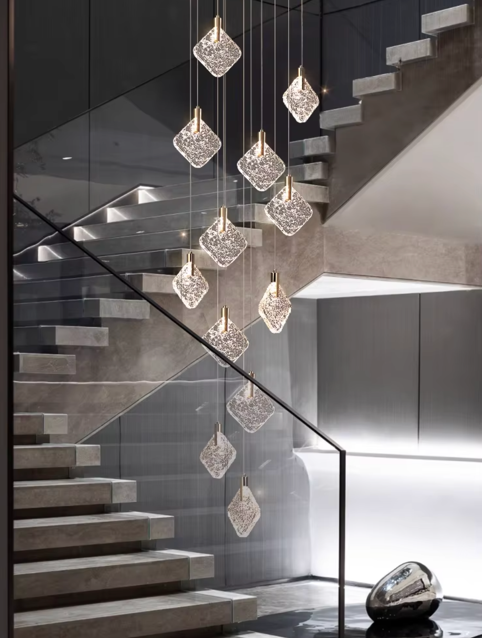 silver glass squares staircase pendant light