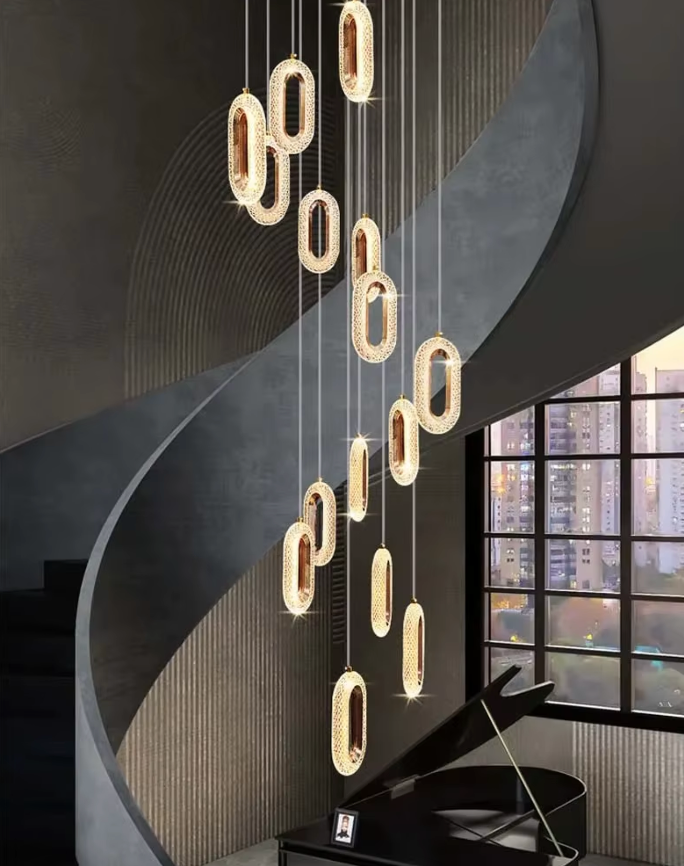gold hooped luxury staircase chandelier
