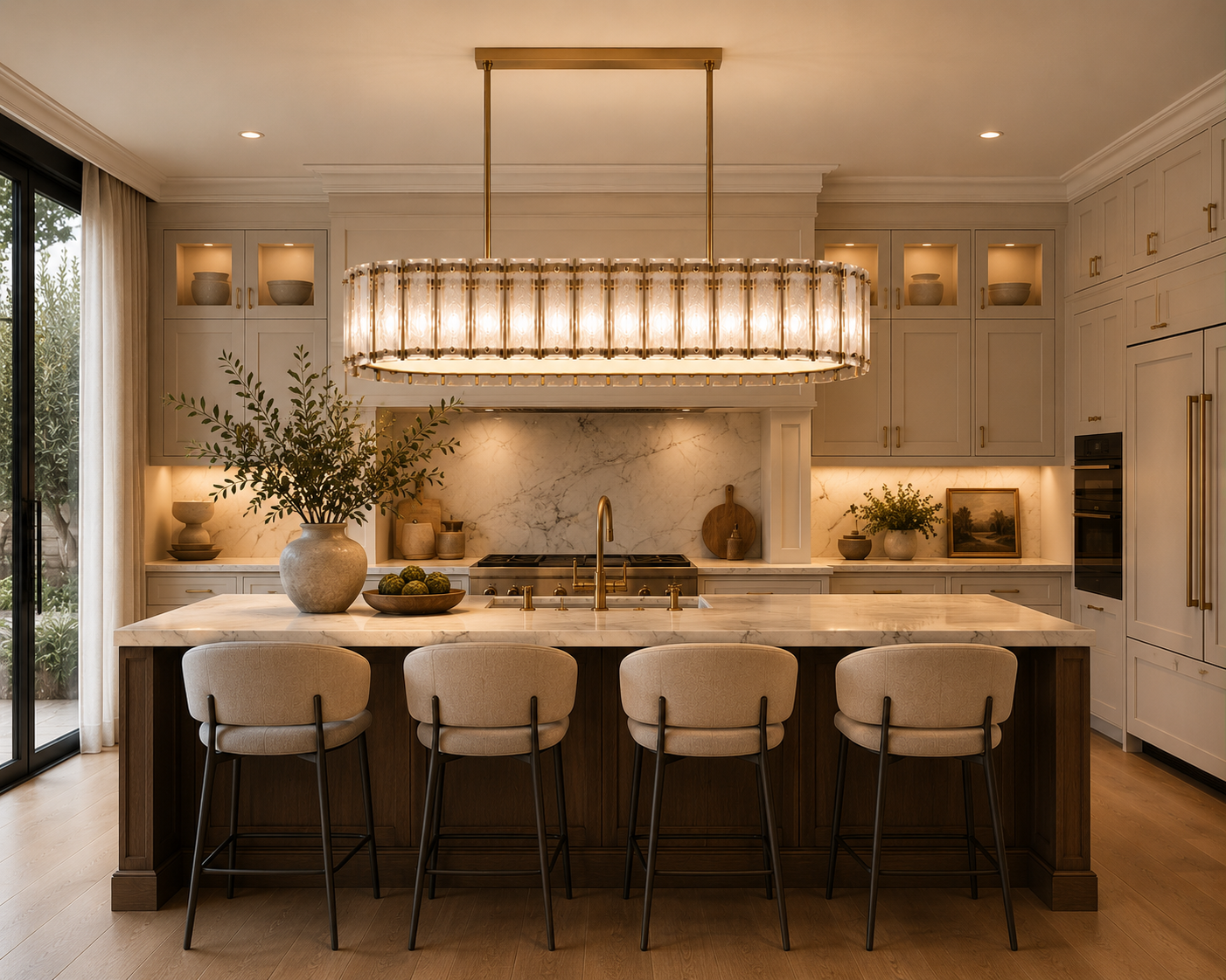 Vellaro Crystal Linear Chandelier suspended above a modern kitchen island