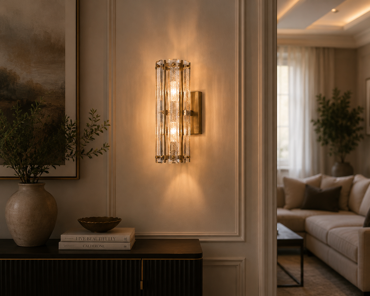 Decorative wall sconce in a living room setting with a couch and plants.