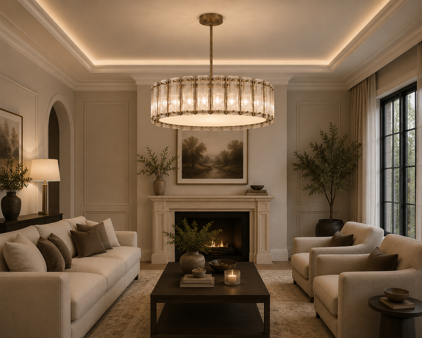 Warm brass detailing on the Vellora Round Crystal Chandelier