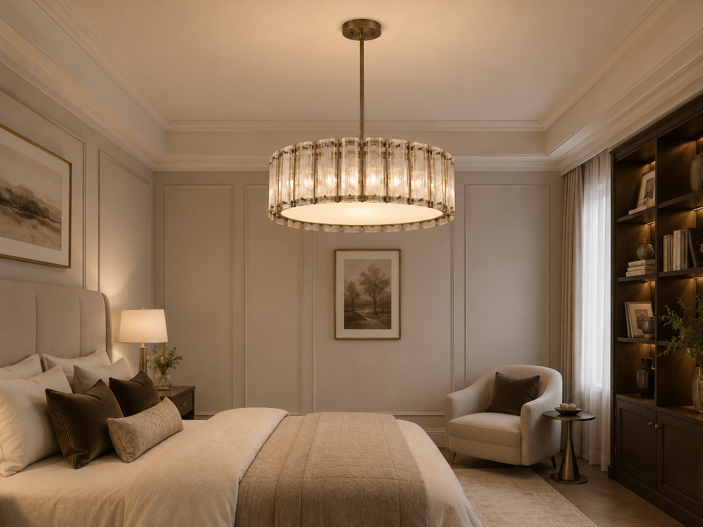 Vellora Round Chandelier with textured crystal glass and warm brass finish