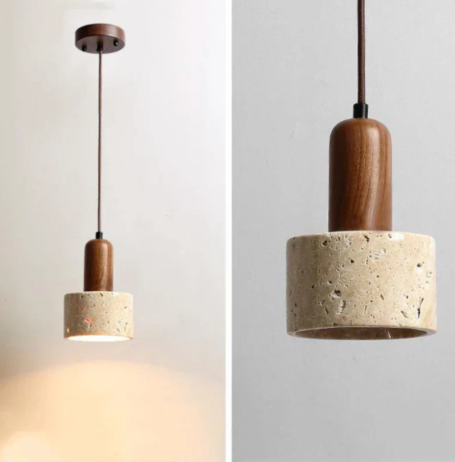 this pendant light pairs rugged stone with smooth wooden accents
