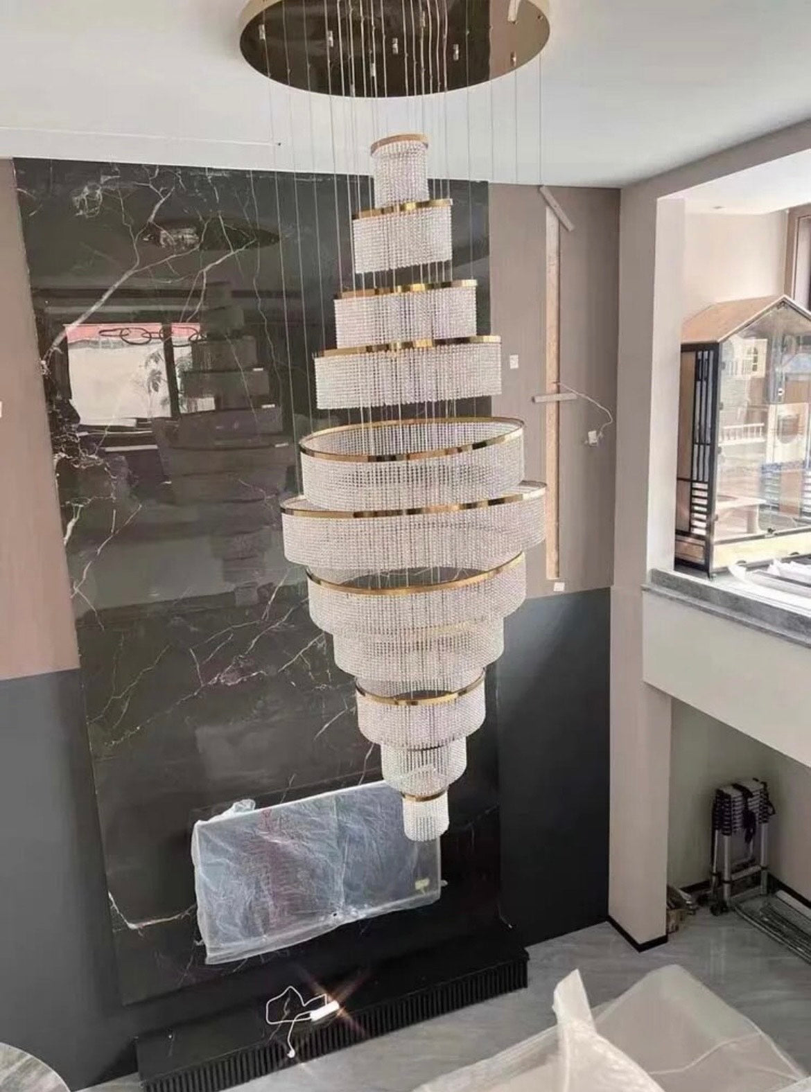 Gold finish ring staircase chandelier 