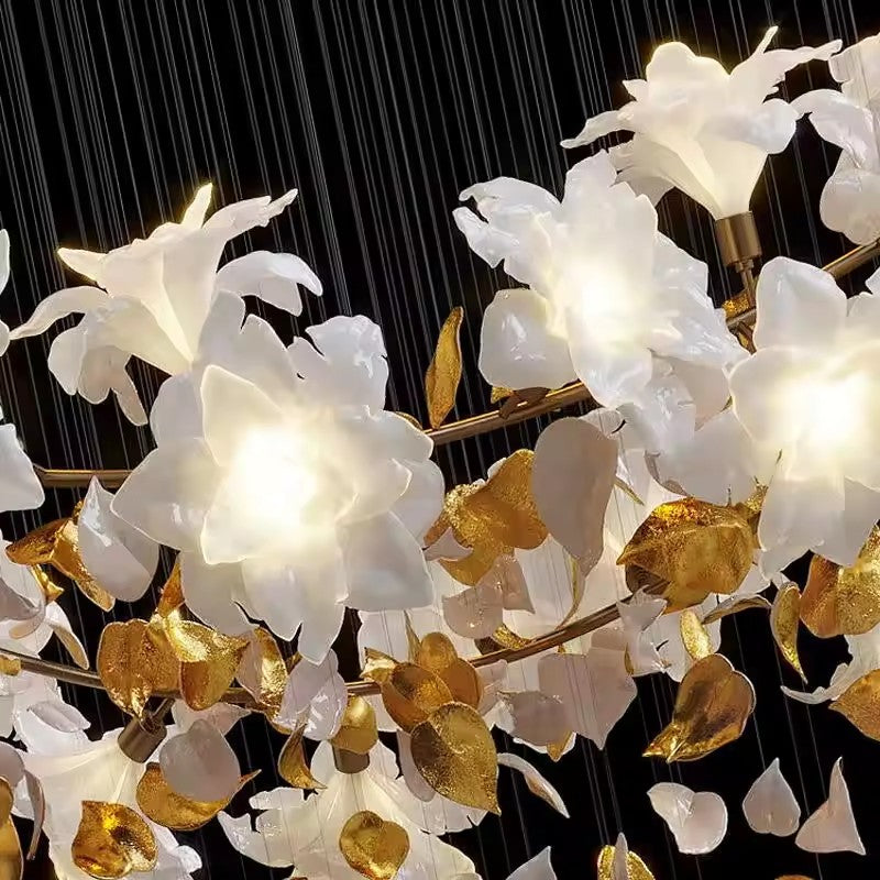 Gold leaf staircase Glass Flower LED Bespoke Chandelier