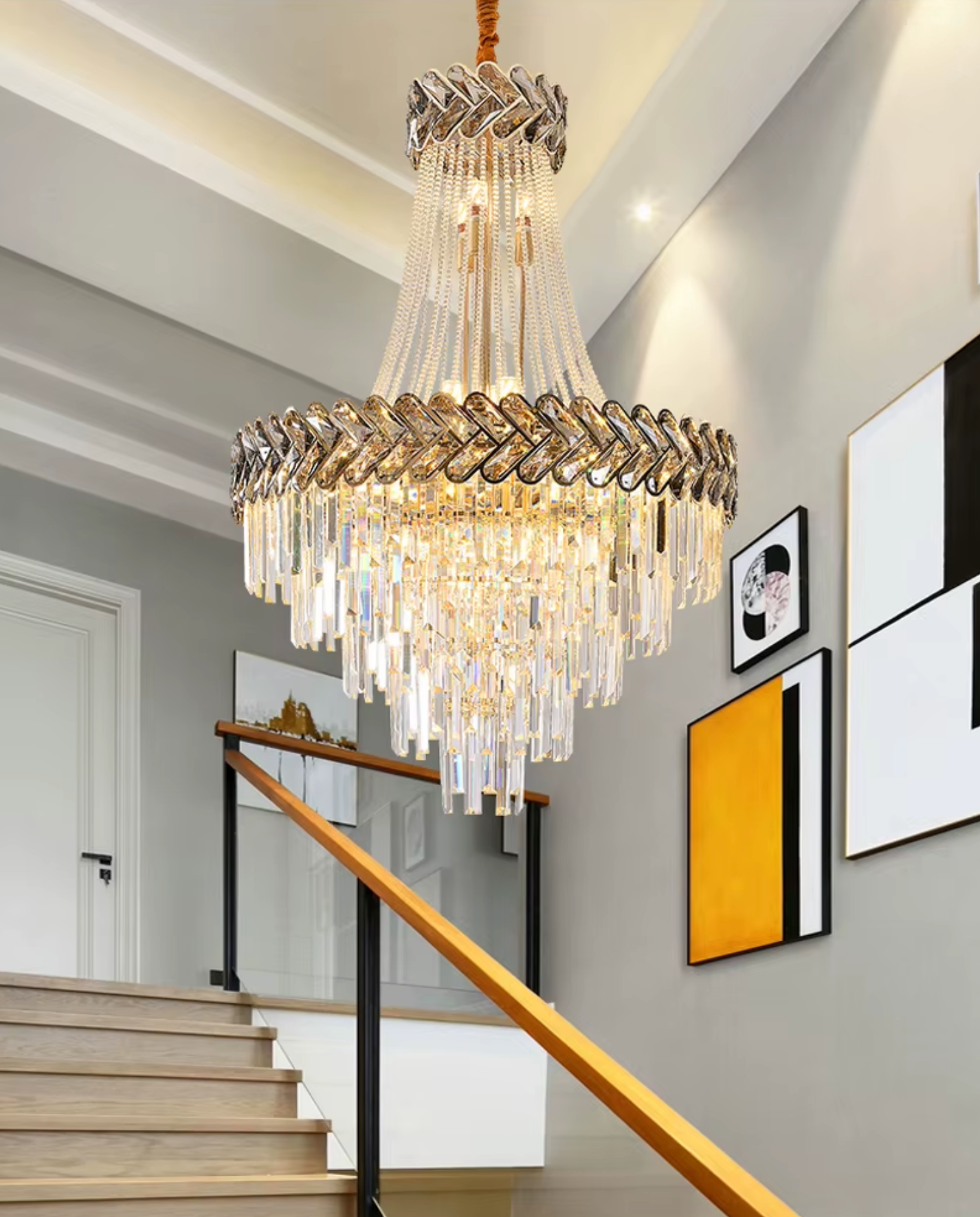 Chrome large chandelier for staircase
