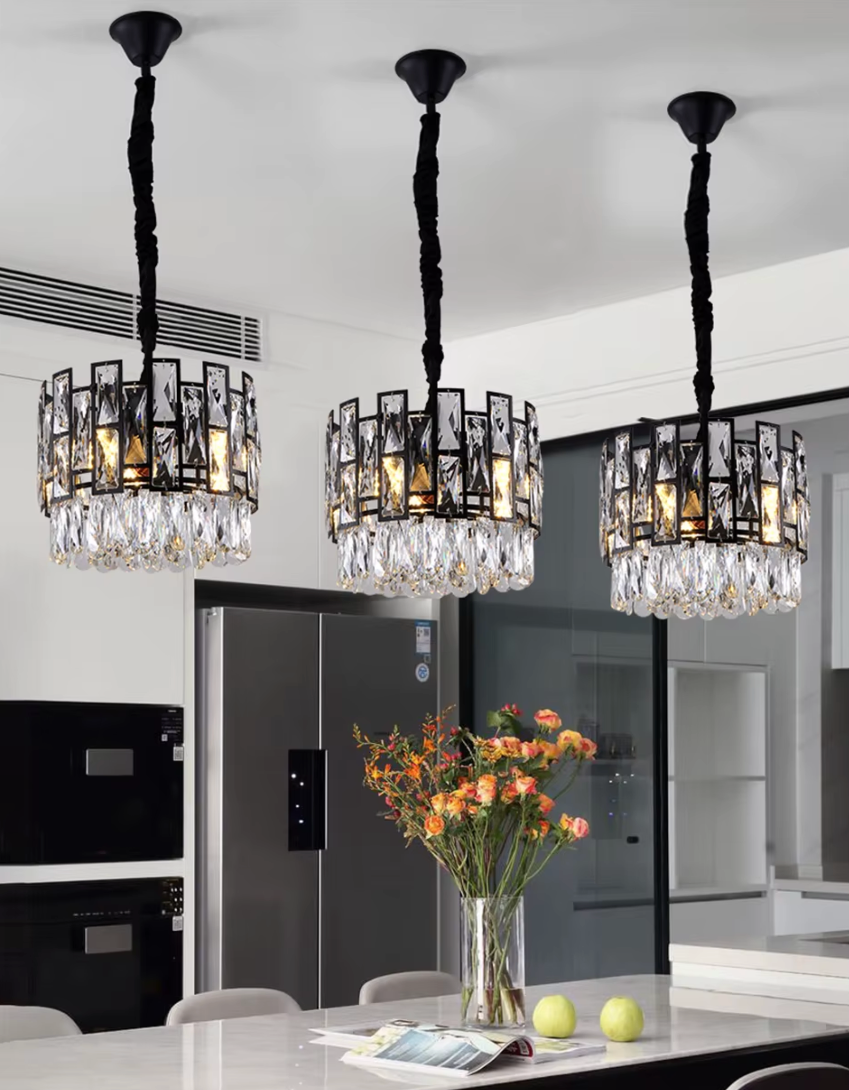 3 hanging small black chandelier with crystals