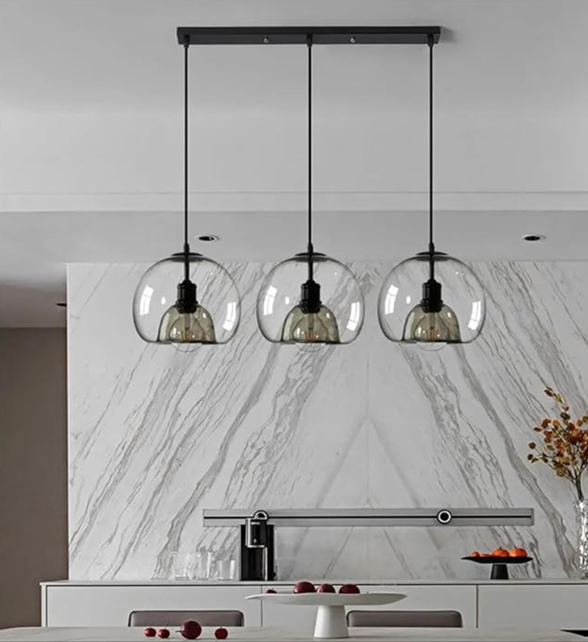 3 light black glass pendant light kitchen