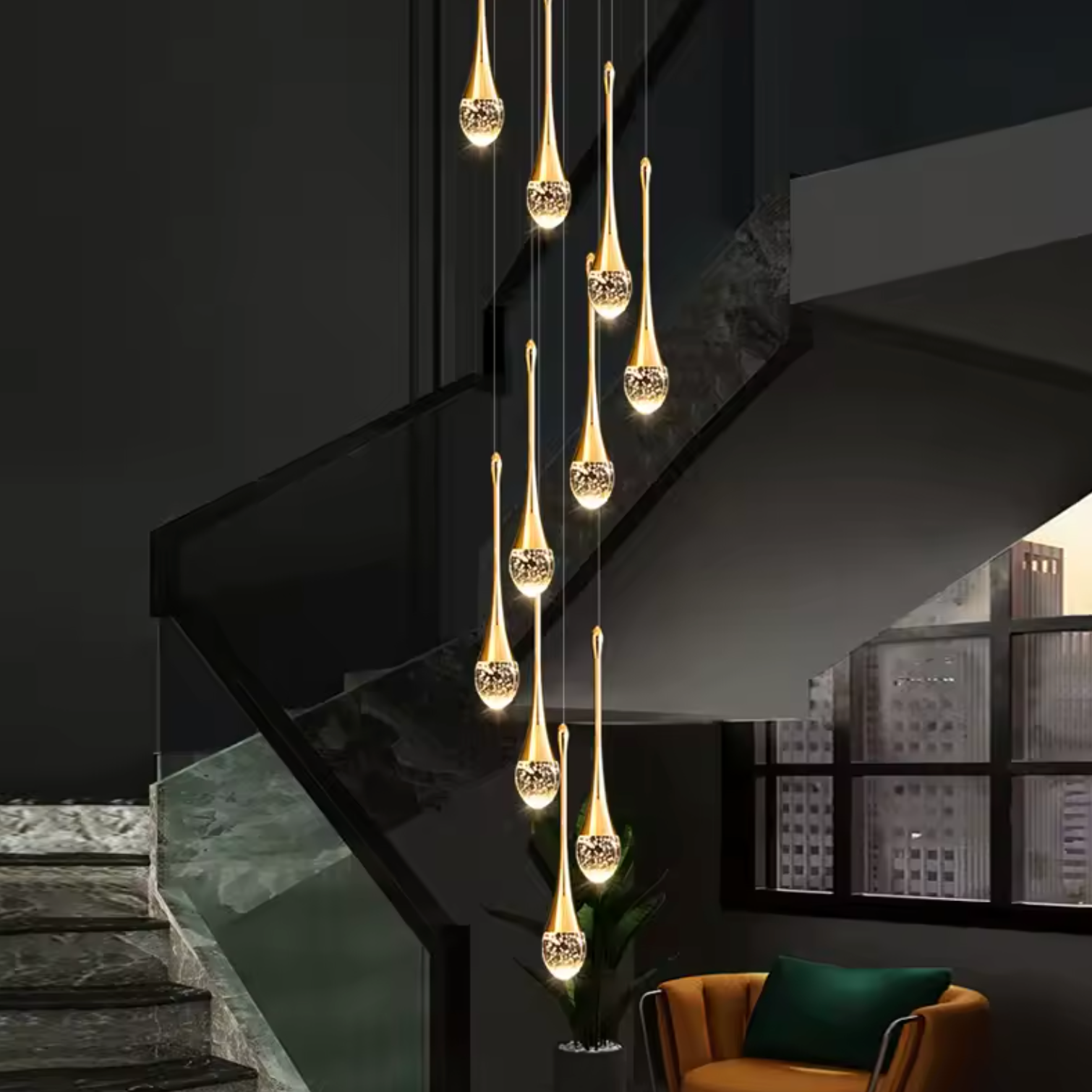 Crystal water drop spiral long chandelier for high ceilings