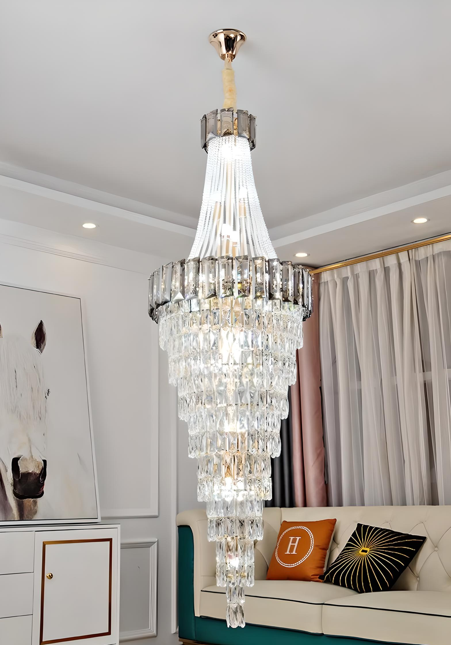 Glamorous lighting design of the Duplex Crystal Chandelier with sparkling crystal tiers