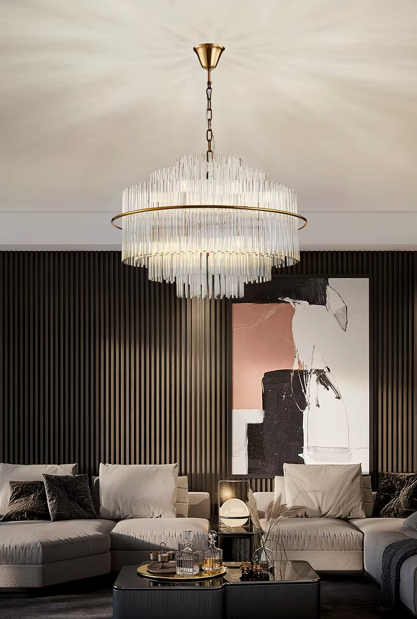 circle glass rod chandelier with gold frame