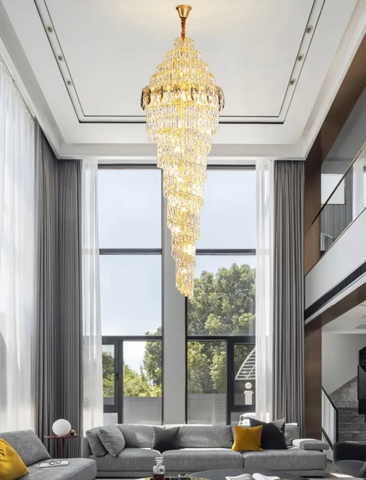 Luxury crystal chandelier adding sophistication to a staircase