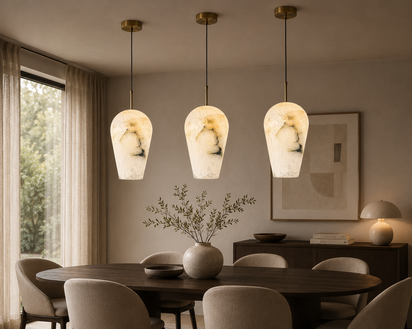 Opaline Marble Dome Pendant Lights suspended above a modern dining table