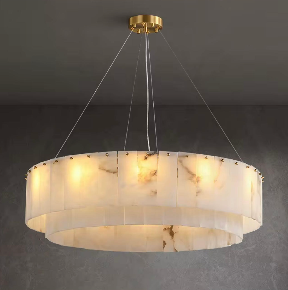 Ceiling light fixture with marble-like shade on a dark background