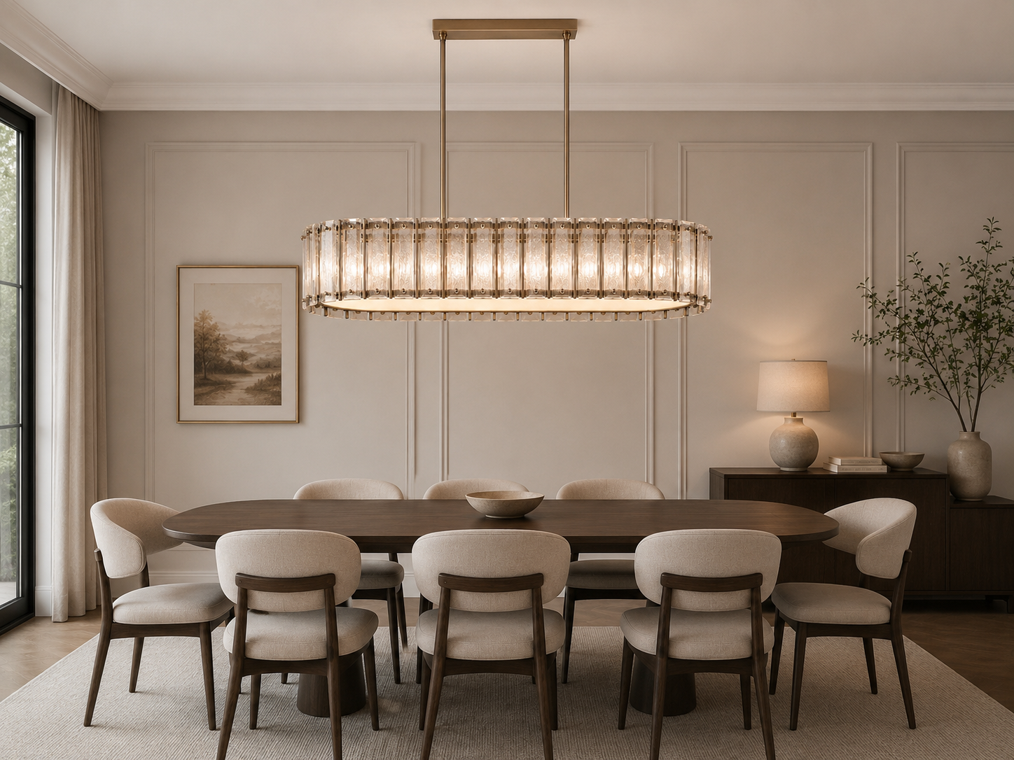 Warm brass detailing on the Vellaro Crystal Linear Chandelier