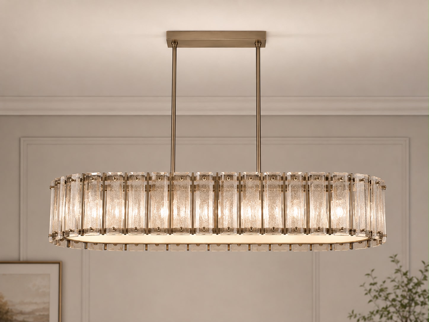 Elegant chandelier hanging in a room with a neutral wall and decorative elements.
