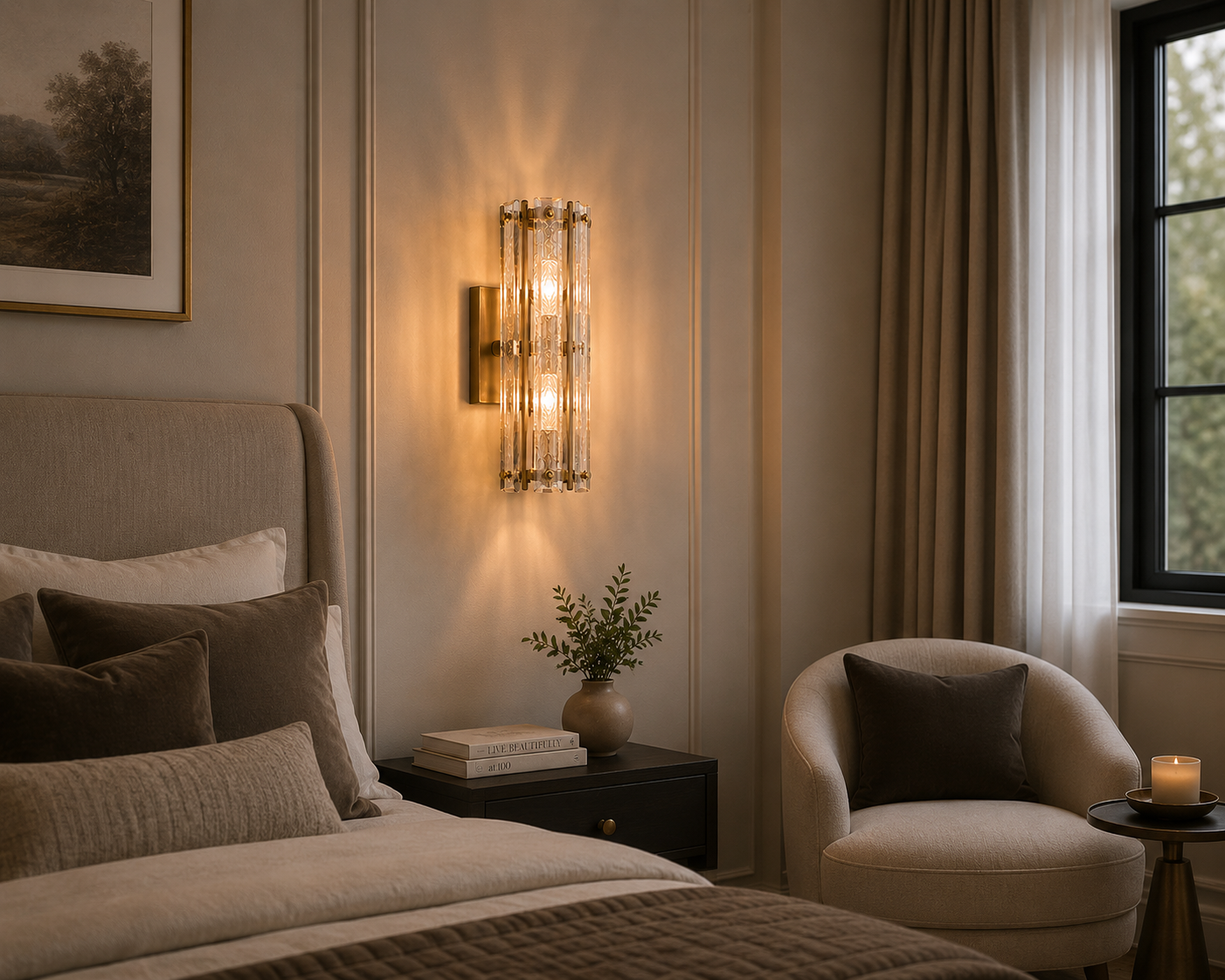 Illuminated Vellero Brass Wall Light with crystal glass panels
