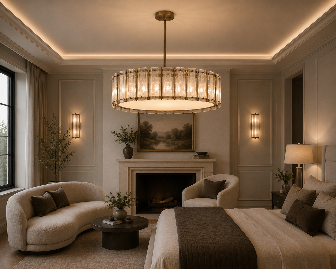 Vellora Round Chandelier installed in a luxury living room